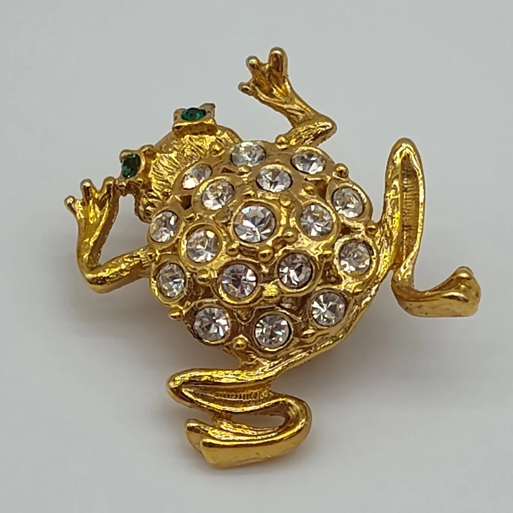 ROMAN Vintage Gold Tone Frog Brooch Rhinestone Crystal Figural Pin